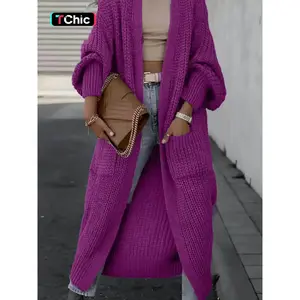 Women's Fall Winter Long Sleeve Knit Cardigan, Thick Lazy Style Loose Fit Mid-Length Sweater Coat, Elegant Casual Design with Pockets