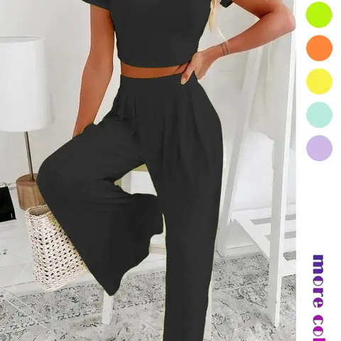 Women's Solid Round Neck Crop Top & High-Waist Wide-Leg Pants Set, Casual Beach Set, Basic Minimalist Short Sleeve Tee & Pleated Trousers for Daily Wear, Ladies Summer Clothes, Clothing Sets