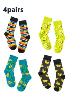 Creative Cute Mid-Calf Socks, Comfortable Breathable Fun Crazy Happy Socks, 4 Pairs, Casual Fitted Cartoon Pattern, All Seasons