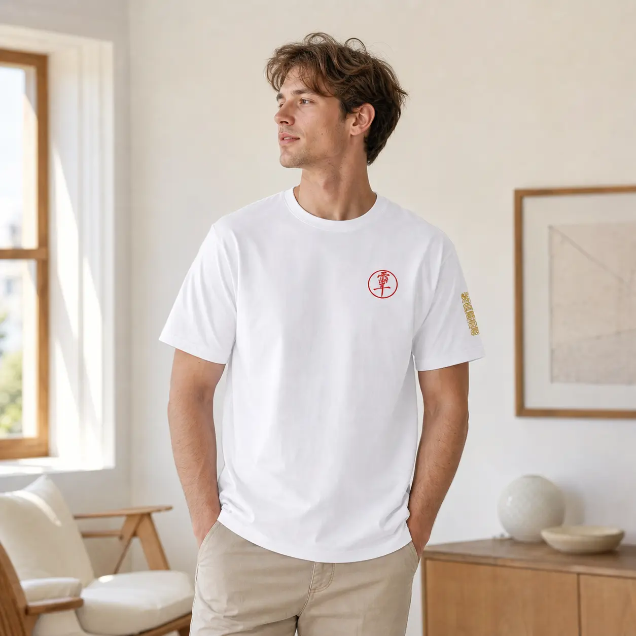 White Oversized Graphic Tee, Unisex Chinese-Inspired T-Shirt with Yujianer Symbol, Constellation and Back Neck Detail