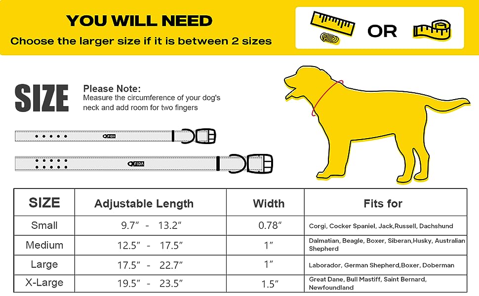 Fida Heavy Duty Dog Collar, Ultra Comfortable Soft Neoprene Padded, Adjustable Reflective Nylon Pet Collar with Durable Metal Belt Buckle