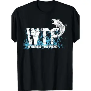 Men'S Vintage "Where'S the Fish?" Funny WTF Graphic T-Shirt - Black Short Sleeve Crew Neck, Machine Washable, Comfortable All-Season Casual Fishing Apparel, Fishing Shirt