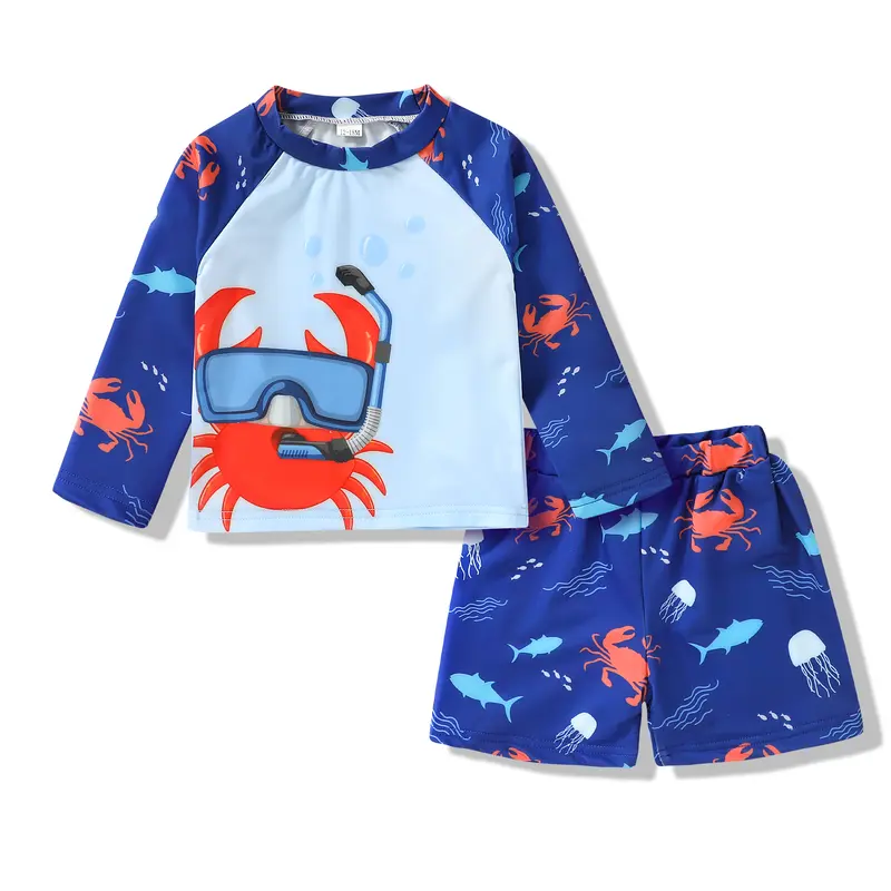 Younger Tree Toddler Boys 2-Piece Rashguard Swim Kit - Long Sleeve Quick-Dry Fabric Shirt, Character Sun Protection Trunks, Cartoon Print (12-18mths) - Baby Swimwear for Swimming, Beach Days