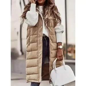 Women'S Plus Size Winter Jacket, Casual Solid Color Hooded Long Puffer Vest, 100% Polyester, Knee Length, Woven Weave