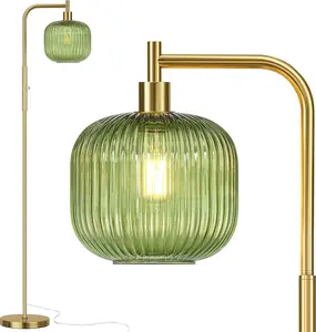 Glass Floor Lamp for Living Room, Modern Standing Lamp with Green Ribbed Glass Lampshade, Stepless Dimmable Rotary Switch, 67” Tall Lamp for Bedroom Home Decor, Brushed Gold