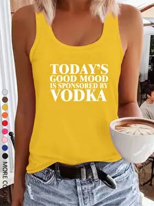 Women's Today's Good Mood Is Sponsored By Vodka Letter Print Round Neck Tank Top, Casual Flattering Sleeveless Top for Summer, Ladies Clothes for Daily Wear, Womenswear