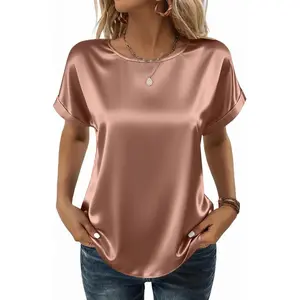 Women's Satin Shirt Business Casual Wear Short Sleeve Top Round Neck T-Shirt Silk Shirt Summer Clothing