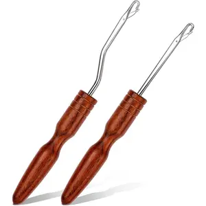 2 Sizes Wooden Latch Hook, Bent Latch Hook Tools for Micro Braids, Hair Extension, Rug Making and Crochet Crafts (Type 3)