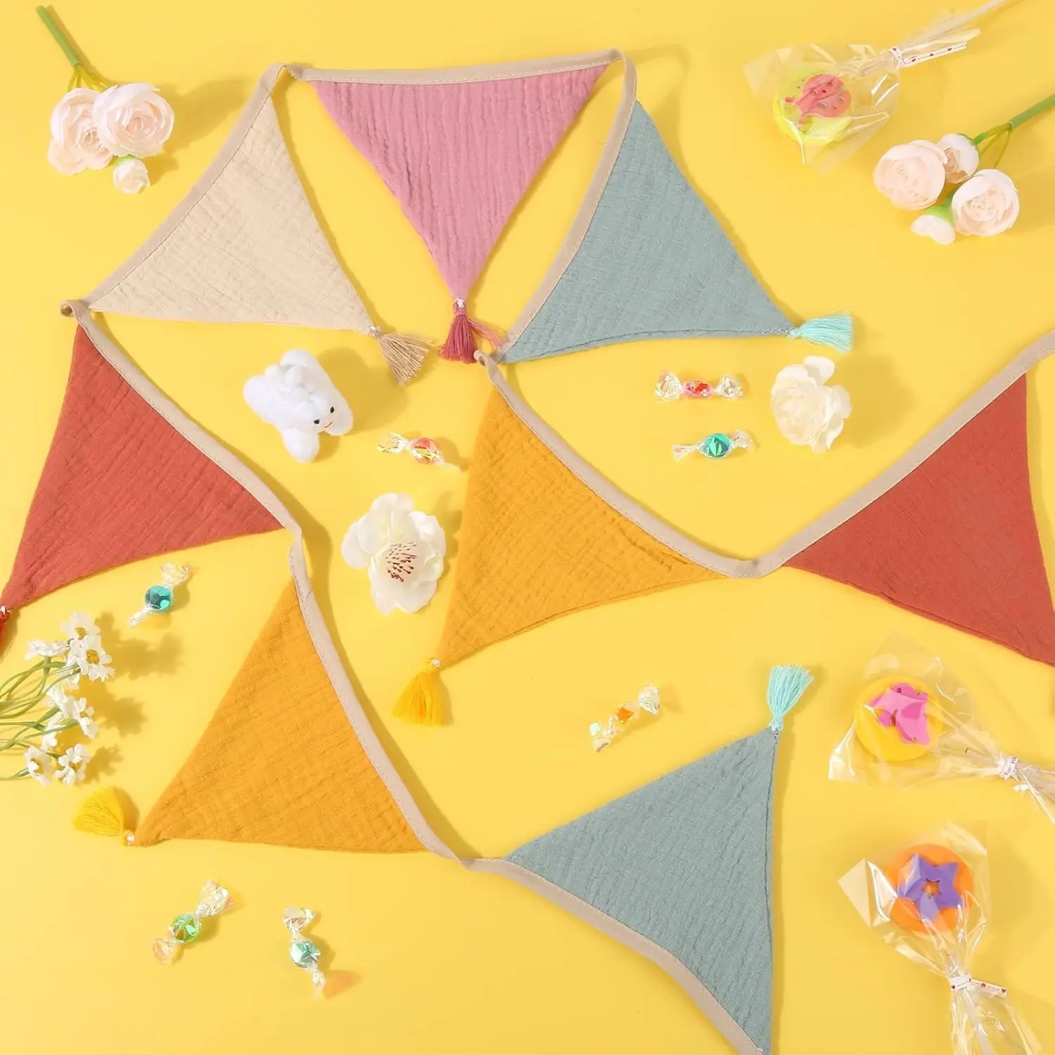 2.6m Colorful Rustic Comfortable Tear-Resistant Cotton Fabric Triangular Bunting Flags - 15.5x12.7cm 3D Star-Adorned Secure Hanging Wall Ornaments for Children, Indoor Home & Garden Holiday Decoration Banner