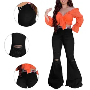 Vintage distressed high-waisted irregularly cut frayed bell-bottom denim pants for women, summer slimming pants with fringes at the hem reaching the floor