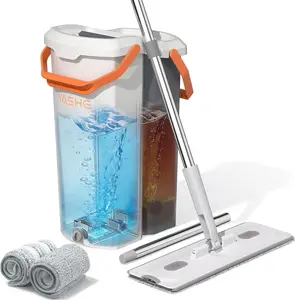 YASHE Mop and Bucket Set with Detachable Space-Saving Bucket, 360° Rotating Mop Head, 2 Reusable Microfiber Pads, Hands-Free Self-Wringing, Adjustable Handle