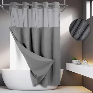 Grey No Hook Shower Curtain with Snap in Liner -grey Wagonfly Double Layer Shower Curtain -Fabric Waterproof Inner Liner, White Cloth Shower Curtains Washable,183x190cm showercut