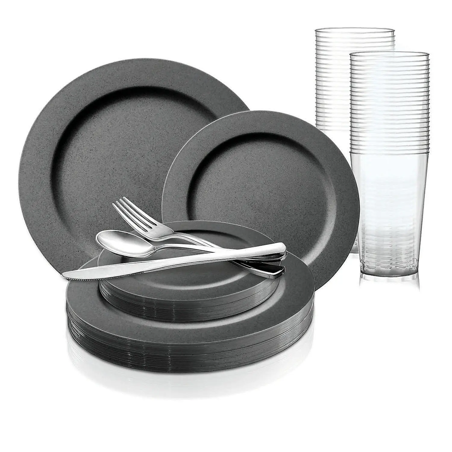 Matte Charcoal Gray Round Disposable Plastic Dinnerware Value Set (60 Settings) with Plates, Spoons, Forks, Party Plates, Cup Tumblers, Plate