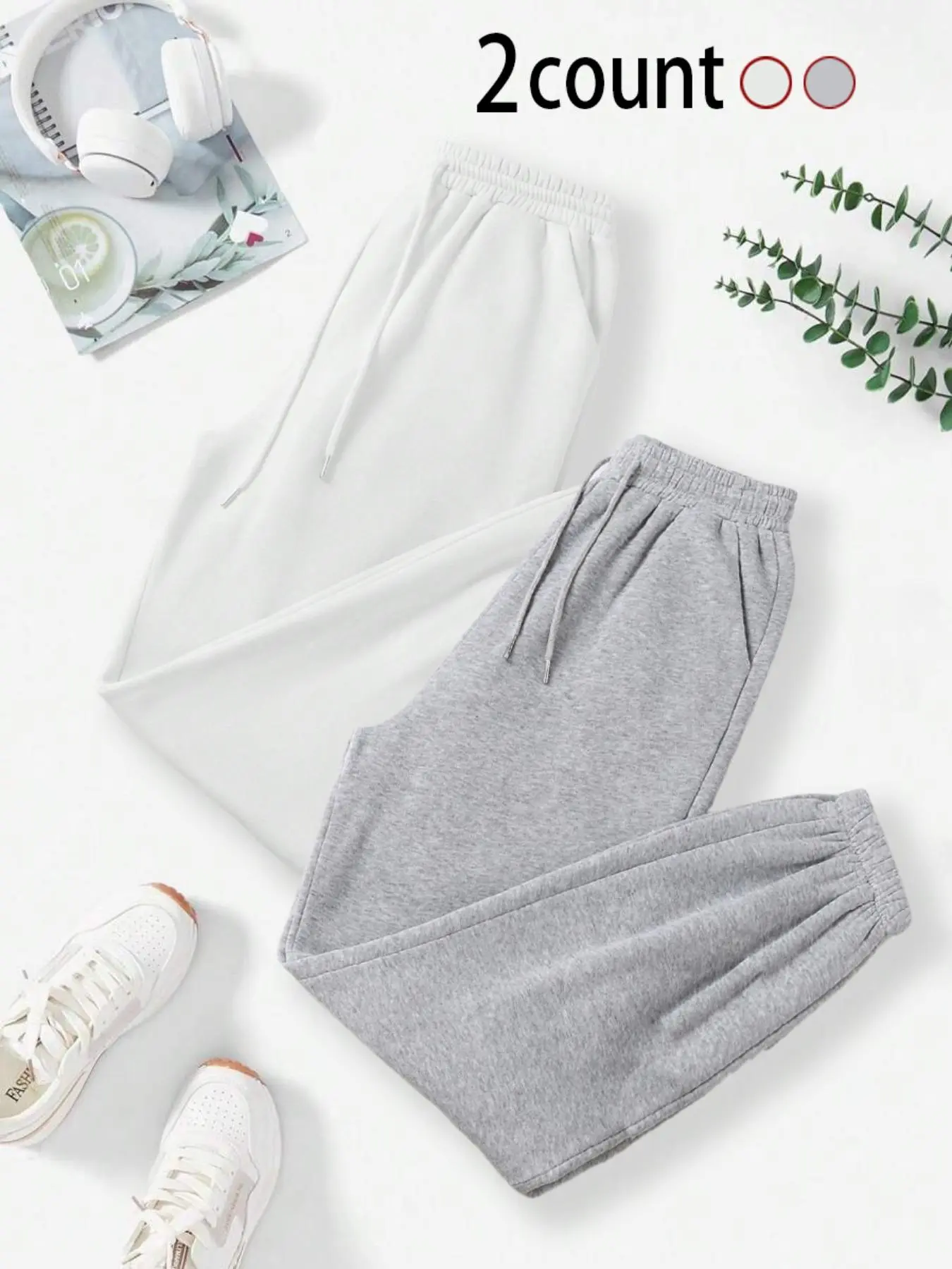 2-Pack Women's Solid Color Drawstring Jogger Pants, Cozy Thick Fall & Winter Running Trousers with Pockets, Loose-Fitting Sporty Style, Jogging Pants, Drawstring Sports Pants