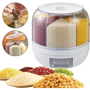 Grain Storage Container Dispenser, 6 Grids Rice Dispenser Rotating, 360° Rotating Food Dispenser One-Click Output Rice Storage Round Grain Dispenser Kitchen for Small Grains, Beans, Rice