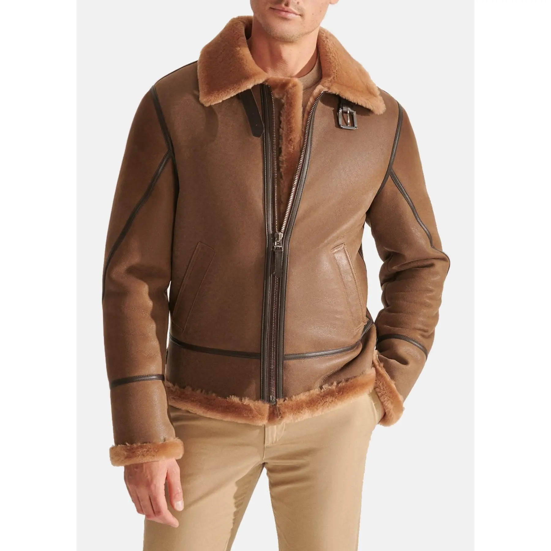 Mens Camel Brown Vintage Shearling Leather Jacket