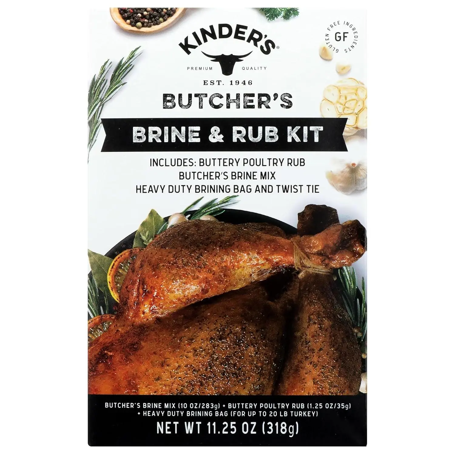 Kinder's Butcher's Brine Complete Food Kit with Salt (11.25oz) - Includes Buttery Poultry Rub, Butcher's Master Mix, Heavy Duty Bag for Up to 20lb Turkey, US Youth-Focused Herbs and Spices Staples, Complete Kit