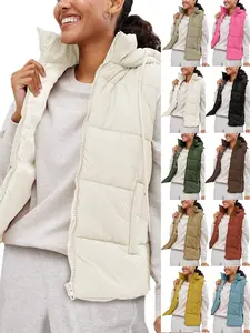 Women's Puffer Vest With Detachable Hood,Casual Solid Color Zip Front Quilted Sleeveless Jacket,Stand Collar Winter Waistcoat