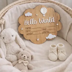 Hello World Birth Announcement Sign - Wooden Cloud Design with Hot Air Balloon and Stars for Baby Details