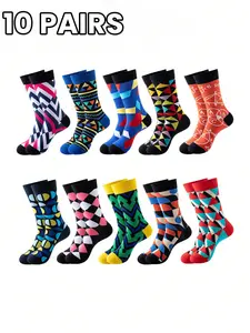 Men Women Crew Socks, Geometric Ethnic Line Pattern Design, All Season Cotton Fabric, Breathable & Durable, Street Casual Style, Daily Wear Socks