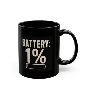 Battery 1% low battery graphic Mug | Black ceramic coffee mug