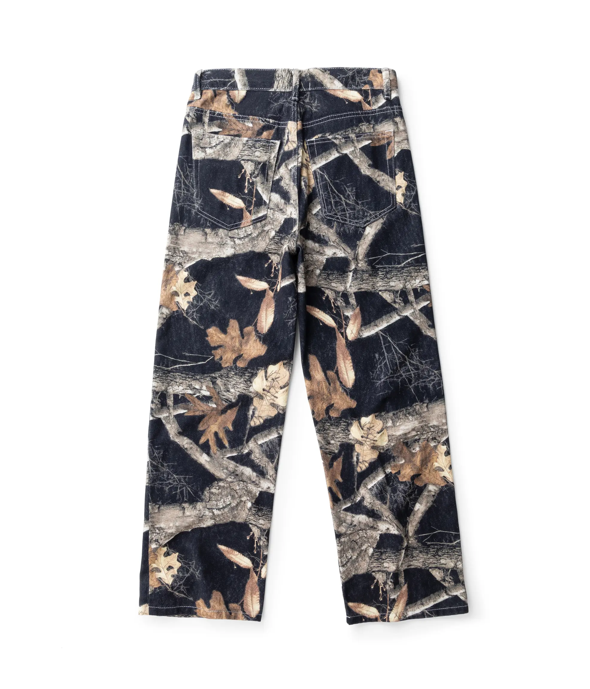 Dark Realtree Leaf Branch Camo Full Print Straight Leg Denim Pants Unisex Mid High Waist Heavy Duty Thick Denim Oversized Ankle Length Outdoor Hunting Skate Street Casual Camouflage Trousers