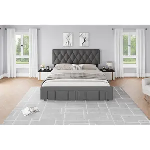 Full Size Bed Frame with Diamond Tufted Headboard  Upholstered Platform Bed Frame with Storage Drawer  Sturdy Wooden Slats Support  No Box Spring Needed Noise-Free  Gray