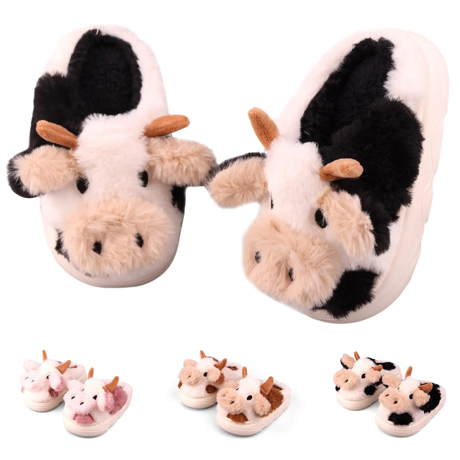 DIOLV Kids' Slip On Cartoon Cow Plush Slides Slippers, Comfortable Cushioned House Shoes for Autumn Winter, Memory Foam, Animal Print, Mother's Day, Lovers, Indoor, Cozy Feet