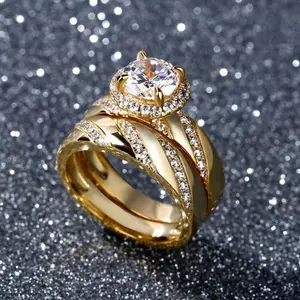 2 gold plated stacking rings decorated with stones, suitable for women to wear everyday and engagement