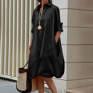 Women's Long Sleeves Loose Solid Color Lapel Collar Midi Dresses Shirt Dress