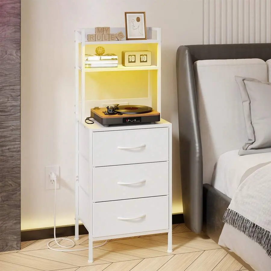 41-Inch Tall LED Nightstand with Charging Station, USB Ports & Socket, 3 PU-Finished Fabric Drawers, Multi-Functional Bedside Table/Bookshelf (White/Rustic Brown Wide Chest)