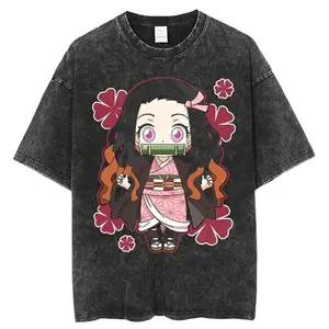 valentine shirts Harajuku Anime Demon Slayer Nezuko Vintage Washed Graphic T Shirt Men Women Cotton Short Sleeve 2Tee Casual Tops Y2k Streetwear