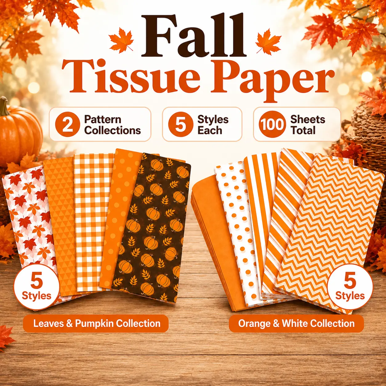 100 Sheets Total Classic Fall Tissue Paper - Beautiful Orange Pumpkins, Maple Leaf Patterns, Bulk 20x14 Inches Gift Wrapping Paper for Autumn Harvest, Halloween Party Decor & DIY