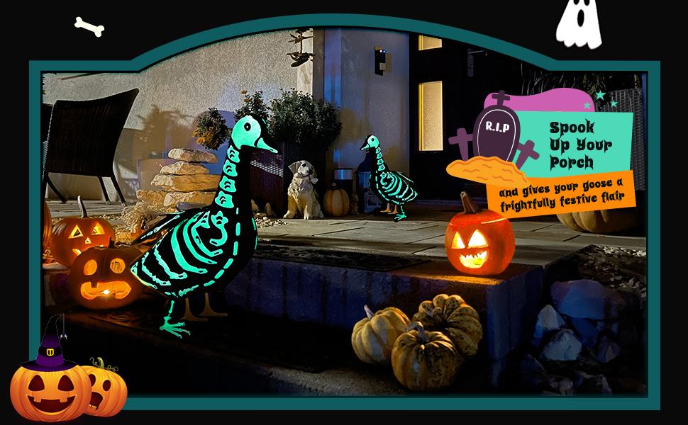 Halloween Porch Goose Outfits Glow in the Dark Skeleton Pumpkin Costume Clothes Accessories for 23'' Plastic/ Cement Goose Statue, Halloween Outdoor Patio Yard Lawn Decoration