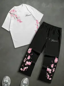Men's T-Shirt & Pants Set, Sakura Print Top with Straight Leg Pants, Outdoor Casual Party Wear, All Seasons, Trouser