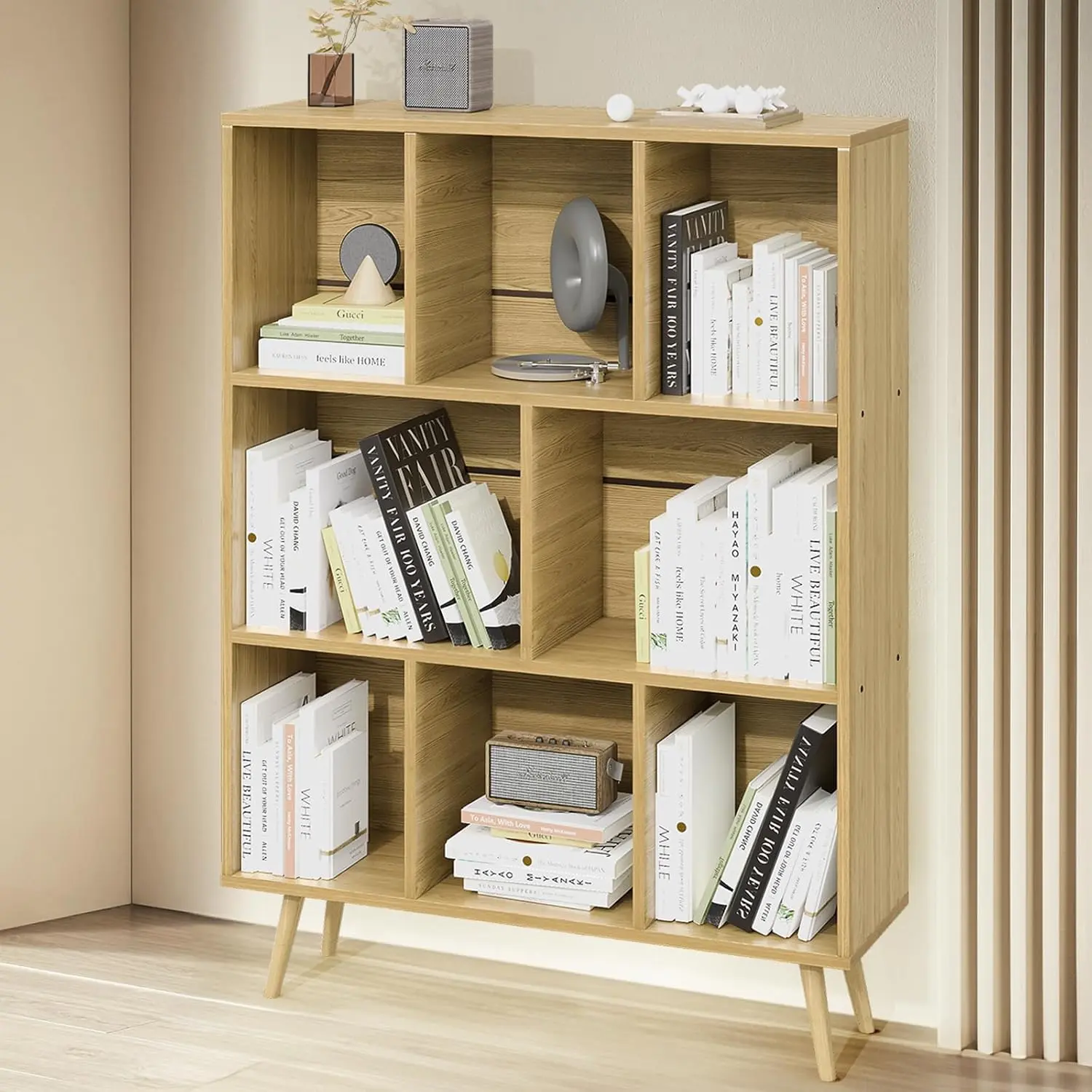 3-Tier 8-Cube Wooden Bookshelf with Legs, Floor Standing Open Bookcase for Office & Home, Heavy Duty Cubby Storage Organizer for Living Room & Bedroom – Cube Storage Shelf
