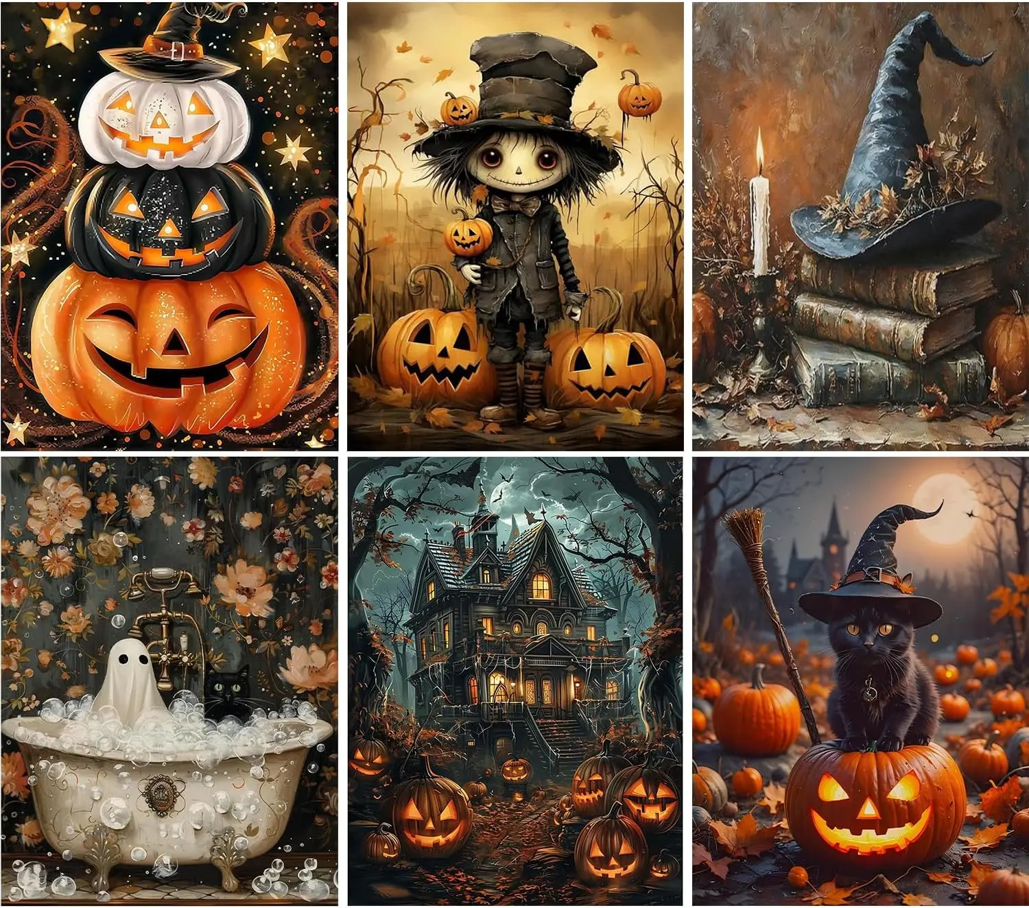 5D Full Drill Diamond Painting Kit Set of 3/4/6/9 Halloween Art, Pumpkin & Haunted House DIY Wall Decor Craft