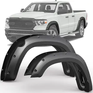 OEDRO Pocket Rivet Upgrade Fender Flares, Compatible With 2019-2024 Ram 1500 Double & Crew Cab(Excludes Rebel),Smooth Black Finish Pocket Rivet Style,4pcs Chrome Eyebrow Headlight Trim Cover