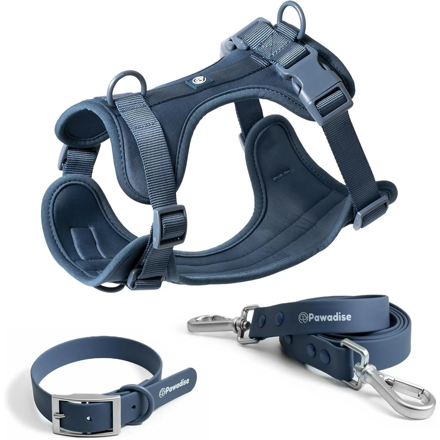Dog Harness, Collar & Leash Set for Hikes & Daily Walks - Adjustable No-Pull, 3-Clips, Waterproof, Breathable, Coated Metal Clips, Ideal for Everyday Use (Blue, Medium) [Collars & Harnesses & Leads]