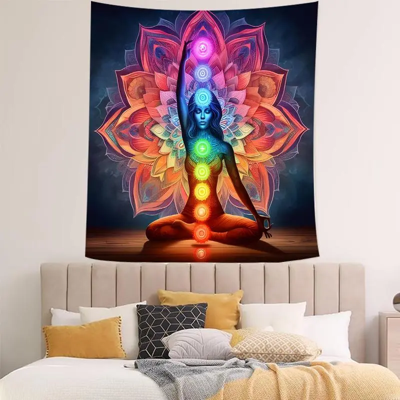 Single Polyester Chakra Meditation Mandala Tapestry - Wall Decor, Room Art for Living Room, Bedroom Decor Inspo, Rectangular