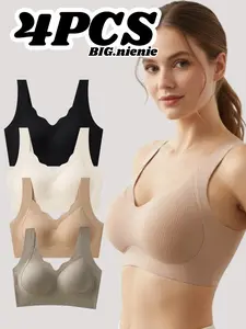 【4pcs】Women's Solid Wireless Bra, Comfortable Breathable Push Up Bra, Soft and Lightweight Lingerie for All Seasons