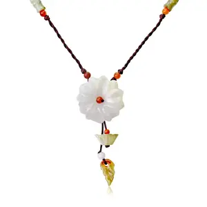 Daisy Handmade Jade Necklace - White Nephrite Jade Floral Pendant with Leaf-Shaped Jade Beads girlfriend gift jewelry