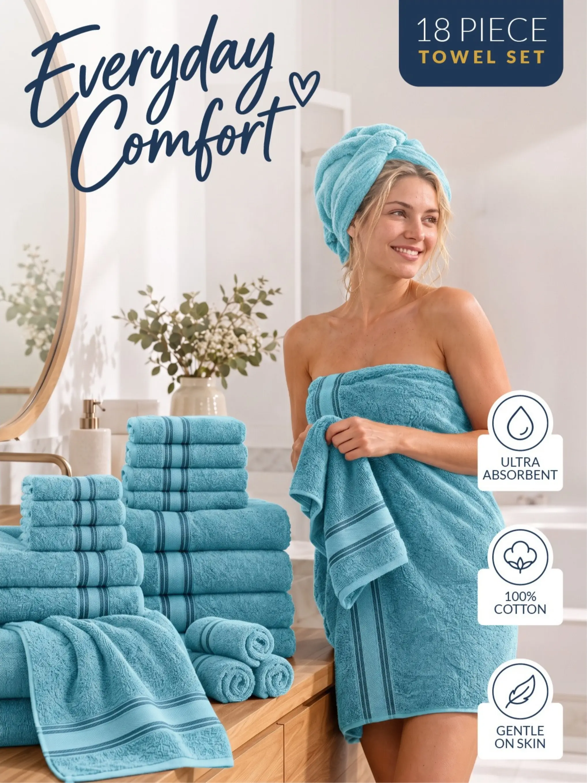 LANE LINEN 18-Piece Bathroom Towel Set - 6 Bath, 6 Hand, 6 Washcloths, 550 GSM Zero-Twist Cotton, Soft, Absorbent, Breathable, Quick-Dry, OEKO-TEX Certified - Family & Guest Bathroom, Housewarming & Holiday Gift