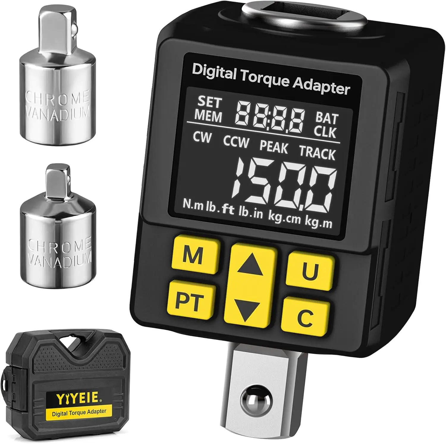 1/2" Digital Torque Wrench Adapter with 1/4" & 3/8" Adapters, 7.5-150Ft-lb, ±2% Accuracy, Buzzer & LED Alert, Versatile Digital Torque Adapter - Preset | Peak/Track | Store/Delete - for Auto, Moto