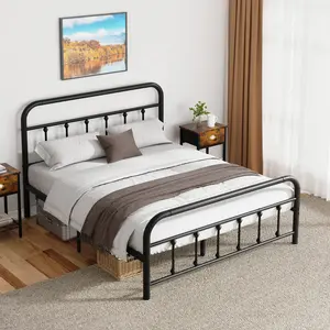 Walsunny Platform Minimalist Bed Frame with Classic Design Headboard and Footboard, Strong Metal Slat Support & Underbed Storage Space, Black Queen Size
