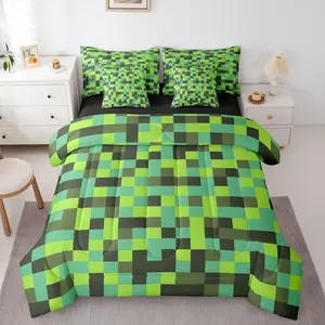 7 Pcs Comforter Set,Pixelated Neon Green Black Pixel Art Soft Microfiber Bed in a Bag with Fitted Sheet & Pillowcases,Geometric Grid Lightweight Bedding Set for Bedroom Decoration
