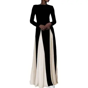 Wedding Guest Dresses for Women Elegant Long Sleeve Patchwork Pleated Swing Long Dress Formal Maxi Dress Evening Fit Womenswear Bodycon