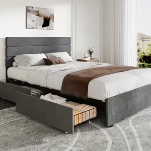 WLIVE Queen Size Upholstered Bed Frame with 4 Storage Drawers and Headboard, Velvet Platform Bedframe, Sturdy Metal & Wooden Slats Support, No Box Spring Needed, Easy Assembly