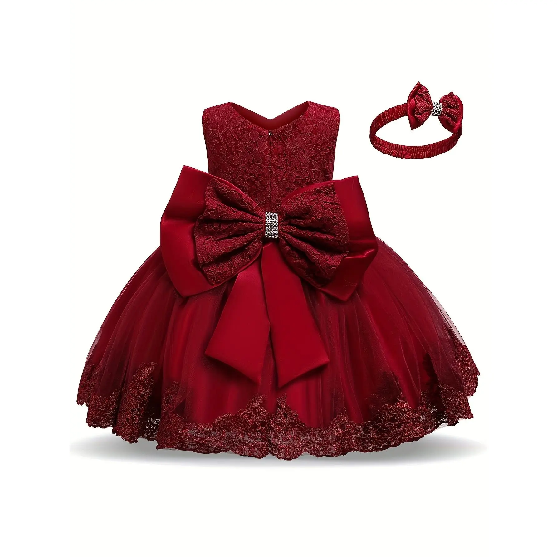 Baby Princess Dress Baby Birthday Dress Bow Infant Toddler Lace Baptism  Cute Sleeveless Puff Dress with Matching Headband in Rich Red - TikTok Shop