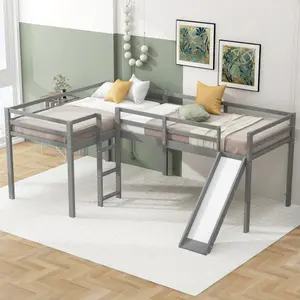 L-Shaped Loft Bed with Slide, Wooden Low Loft Beds , Twin Size Low Loft Bed with Built-in Ladders